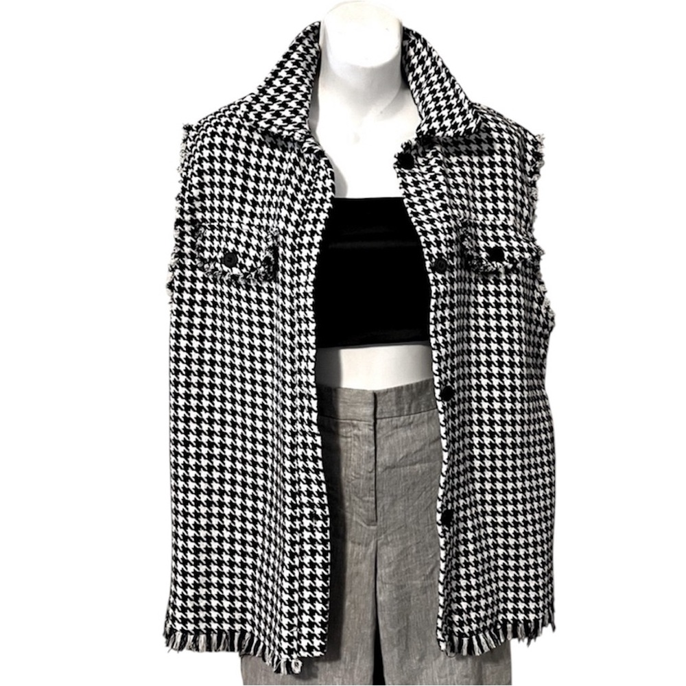 Black and White Tweed Houndstooth Frayed Edge Fringe Trim Boxy Button Down Vest